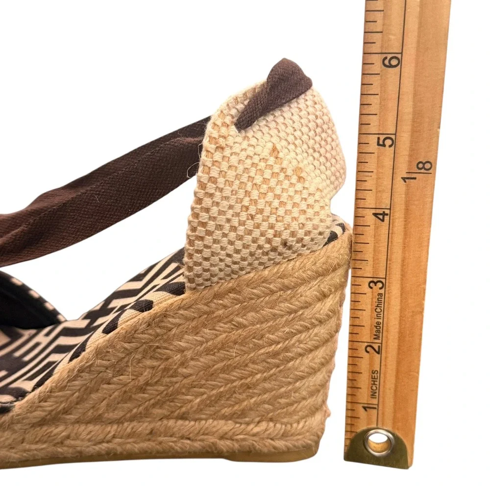 Tory Burch Wedge Espadrille Lace Up Ankle Strap 38 Geometric Canvas Resortwear